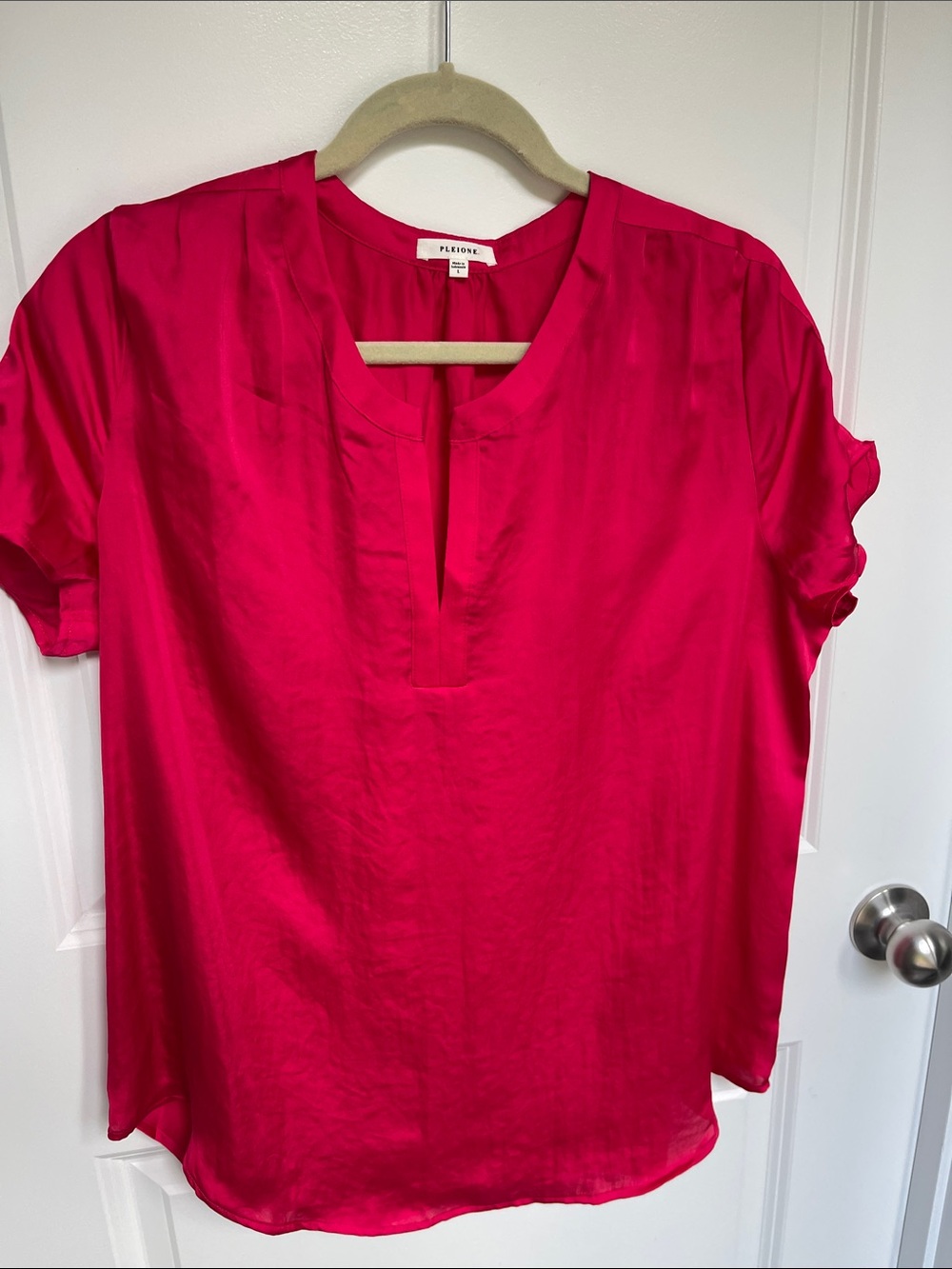 Pleione Hot Pink Split V-Neck Short Sleeve Blouse